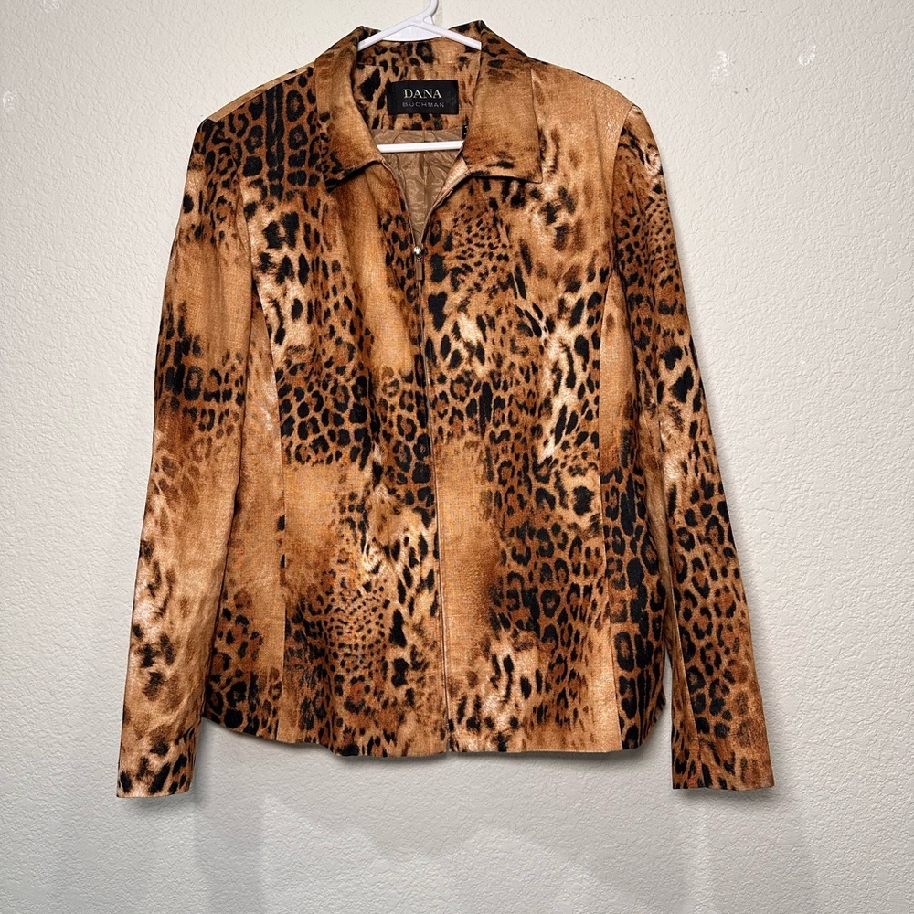 Dana Buchman Leopard Print 100% Linen Zip Up Jacket Tan  Animal Print Womens